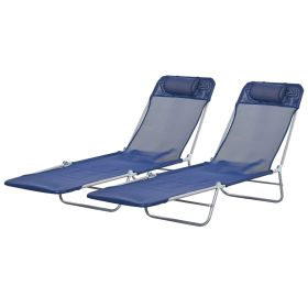 2 Piece Sun Loungers Dark Blue Folding Chaise Lounge Chairs with Reclining Back Breathable Mesh Seat Headrest for Comfort