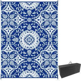 Outsunny RV Patio Rug 9x12 Blue White Floral Outdoor Carpet with Carry Bag