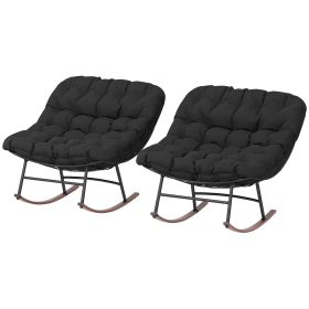 Outdoor Rocking Chair Patio Set of 2, Oversized Rocking Papasan Chairs with Cushions for Garden Porch, 265 lbs., Black