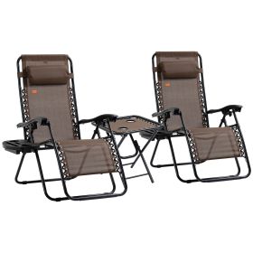 Zero Gravity Chair Set 3 Piece Recliner with Side Table Cup Holder Headrest Brown Poolside Camping