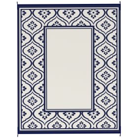 Outsunny Reversible Outdoor Rug, Waterproof Plastic Straw with Carry Bag, 8' x 10', Blue & White Gourd Border