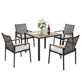 All Weather 5-Piece Patio Dining Table Sets, Patio Conversation Set Acacia Wood Table Top with Umbrella Hole, Rattan Outdoor, Coffee Brown Color