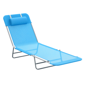 Folding Sun Chair, Portable Outdoor Chair with Adjustable Back, Breathable Mesh and Pillow, for Patio, Beach, Blue