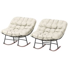 Outdoor Rocking Chair Patio Set of 2, Oversized Rocking Papasan Chairs with Cushions for Garden Porch, 265 lbs., Beige