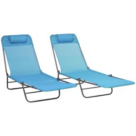 Folding Chaise Lounge Pool Chairs, Set of 2 Outdoor Sun Tanning Chairs with Pillow, Reclining Back & Breathable Mesh for Beach, Patio, Blue