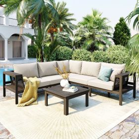GO 4 Pieces Outdoor Acacia Wood Sofa Set, Woven Mesh Armrests, L-Shaped Patio Furniture Sofa Set with Coffee Table