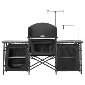 Camping Kitchen Table, Outdoor Camp Cooking Table, Aluminum Portable Cook Station with Storage Cupboard, Carrying Bag, Detachable Windscreen