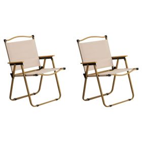 2 Pack Khaki Camping Chairs with Steel Frame 600D Oxford Fabric and Wooden Armrests Portable Kermit Style Folding Chairs Support up to 120KG for