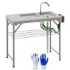 Folding Fish Cleaning Table with Sinks, Portable Camping Sink Table with Faucet, Drainage Hose, Sprayer, Shelf, Drawer and Storage Basket