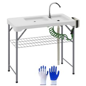 Folding Fish Cleaning Table with Sinks, Portable Camping Sink Table with Faucet, Drainage Hose, Sprayer, Shelf, Drawer and Storage Basket (Color: White)