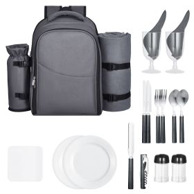 Picnic Backpack, Beach Picnic Backpack Bag for 2 Person with Insulated Cooler Compartment, Detachable Bottle/Wine Holder, Lightweight Blanket (Number of Layers: Single Layer, Color: Gray)