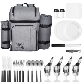 Picnic Backpack, Beach Picnic Backpack Bag for 4 Person with Insulated Cooler Compartment, Detachable Bottle/Wine Holder, Lightweight Blanket (Number of Layers: Double-deck, Color: Gray)
