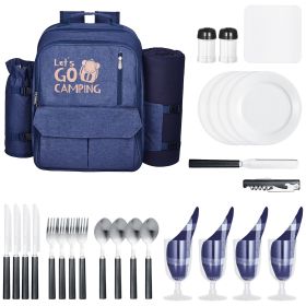 Picnic Backpack, Beach Picnic Backpack Bag for 4 Person with Insulated Cooler Compartment, Detachable Bottle/Wine Holder, Lightweight Blanket (Number of Layers: Single Layer, Color: Blue)