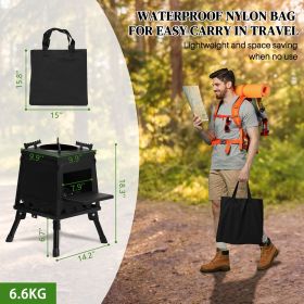 Portable Camping Stove with Detachable Iron Panels Black 27x27x34cm Lightweight Foldable Outdoor Wood Burning Fire Pit for Picnic BBQ Hiking Backpacki (Color: Reinforced Black)