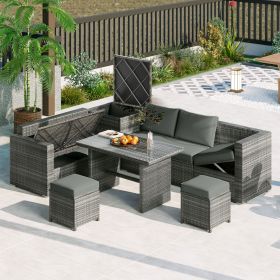 Outdoor 6-Piece All Weather PE Rattan Sofa Set; Garden Patio Wicker Sectional Furniture Set with Adjustable Seat; Storage Box; Removable Covers a (Color: Grey)