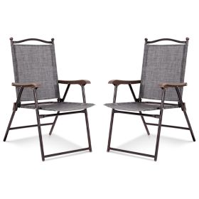 Set of 2 Patio Folding Sling Back Camping Deck Chairs (Color: Gray)