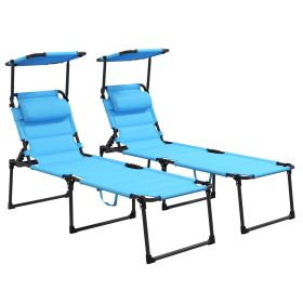 Outsunny 2 Pcs Outdoor Lounge Chair, Adjustable Backrest Folding Chaise Lounge, Cushioned Tanning Chair w/Sunshade Roof & Pillow Headrest for Beach (Color: as Pic)