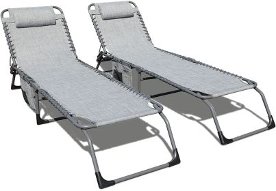 Set of 2 Outdoor Chaise Lounge with Detachable Pocket and Pillow;  Portable Adjustable Patio Sun Lounge Chair for Garden; Beach;  Sunbathing (Color: Grey)
