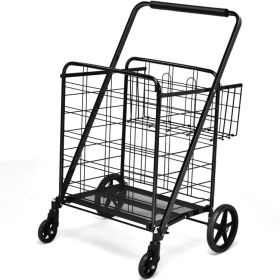 Heavy Duty Folding Utility Shopping Double Cart (Color: Black)