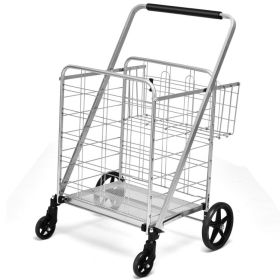 Heavy Duty Folding Utility Shopping Double Cart (Color: Silver)