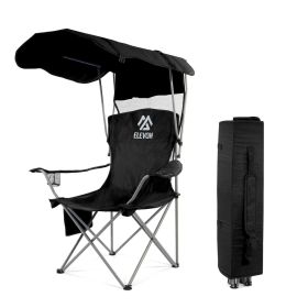 Oversized Camping Chair with Canopy Heavy Duty Folding Outdoor Chair with Armrest Cup Holder and Carry Bag Portable Camp Chair for Beach Fishing Picni (Color: Black)