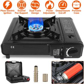 3300W Portable Camping Stove Butane Canister Dual Fuel Burner Piezo Electric Ignition Single Burner with Automatic Tank Ejection Overpressure Cut Off (Color: as picture)
