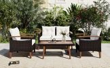 4-Piece Garden Furniture; Patio Seating Set; PE Rattan Outdoor Sofa Set; Wood Table and Legs; Brown and Beige